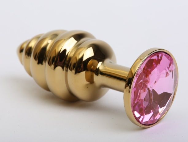 Золотистая ребристая анальная пробка с розовым стразом - 7,3 см.